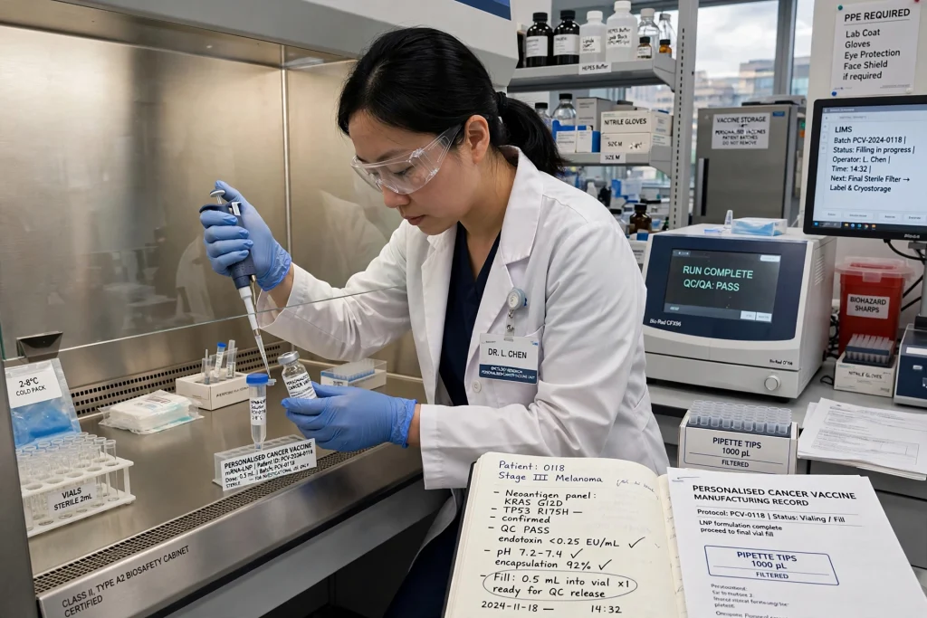 Personalised Cancer Vaccine Shows Promise on Safety in Early Ovarian Trial Scientist preparing a personalised cancer vaccine in a laboratory
