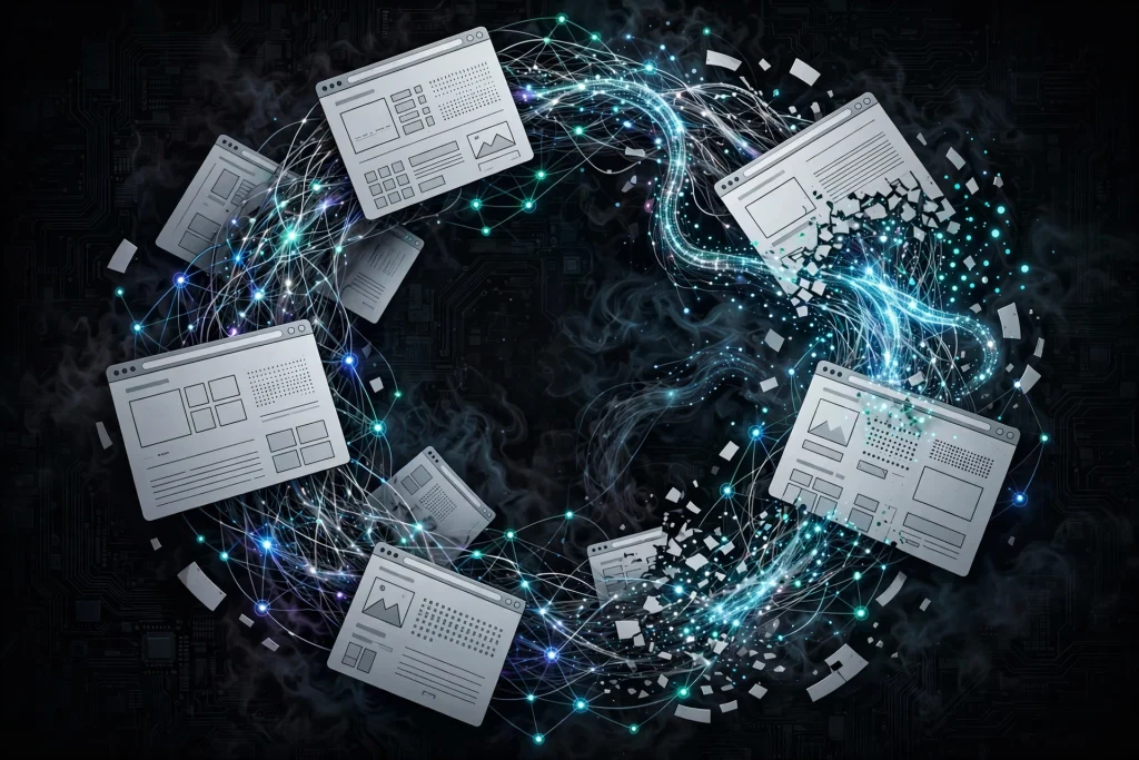 Microsoft Docs Warned Its AI Was Starting a ‘Doom Loop’ That Could Gut the Web Concept illustration of AI-generated content looping across the web