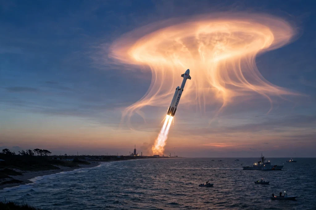 SpaceX Launch Paints a Stunning Jellyfish Cloud Over the US East Coast SpaceX rocket launch creating a glowing jellyfish cloud at dawn